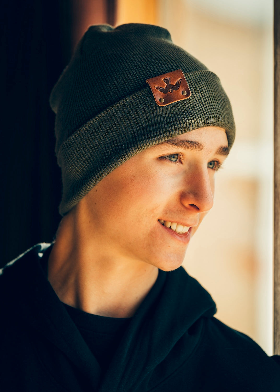 Leather Patch Falcon Beanie